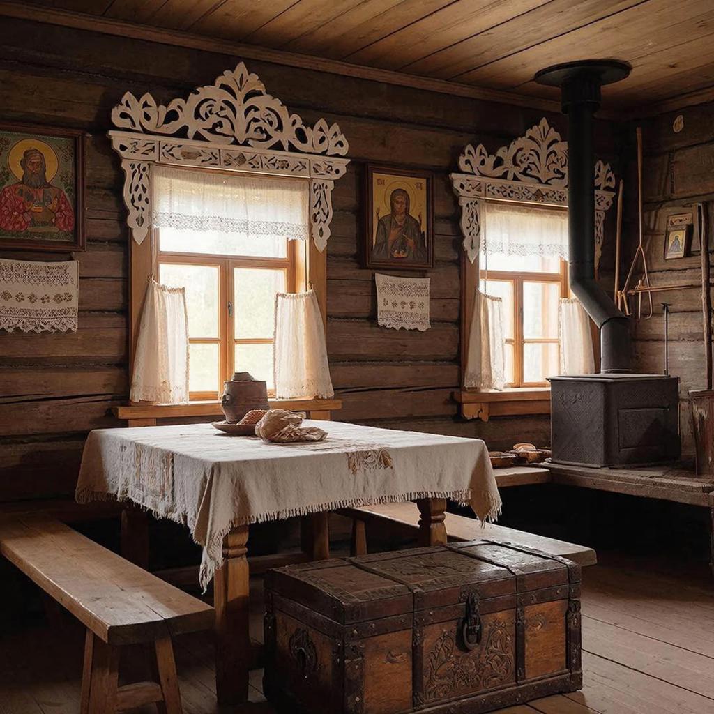 Интерьер избы с резными наличниками